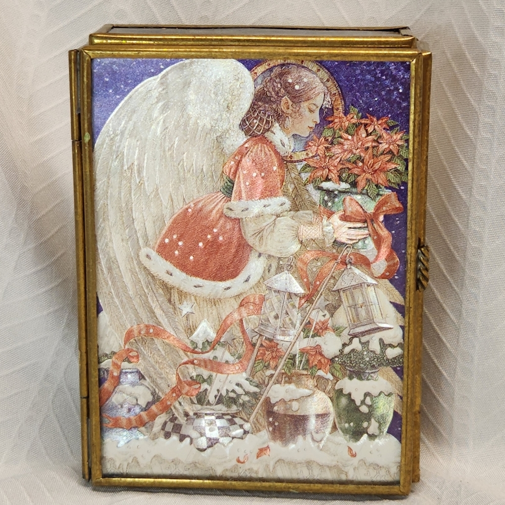Vintage Christmas angel mirrored trinket box
